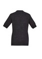 A dark grey women's zip front short sleeve knit cardigan with a relaxed fit and ribbed details.