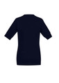 A navy women's zip front short sleeve knit cardigan with a fitted silhouette and cuffed sleeves.