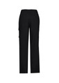 Black women's comfort waist cargo pants with side pockets and a simple design, featuring a logo on the waistband.