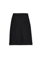 A black women's comfort waist cargo skirt with a fitted design and side pockets, featuring a button closure.