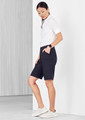 Womens Comfort Waist Cargo Short in black, featuring side pockets and a fitted design, displayed with a model.