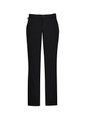 Black men's comfort waist flat front pants with a logo, featuring a straight leg design.
