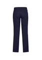 Navy blue flat front pants with a comfortable waist, featuring a logo on the back.