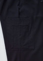 A close-up of black cargo pants featuring a large side pocket and a subtle logo on the waistband.