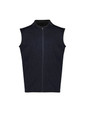 A sleeveless black vest with a zip front and a high collar. It features a subtle texture and has a logo.