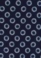 A navy button-up shirt featuring a white daisy print pattern, with a subtle branding logo.