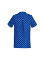 A blue tunic featuring a white daisy print, designed with short sleeves and a buttoned back. It has a logo.