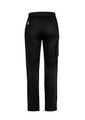 Black men's straight leg scrub pants with a flat waistband, featuring a side pocket and a logo.