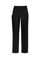 Black women's scrub pants with a comfortable elastic waistband and side pockets, featuring a small logo.
