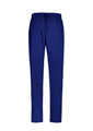 Reversible unisex scrub pants in navy blue with an elastic drawstring waist. Features a logo on the waistband.
