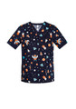 A navy scrub top featuring a playful space theme with planets, rockets, and cartoon characters. It has a logo.
