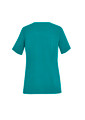 Teal women's scrub top with a round neck and short sleeves, featuring a minimalist design and a fitted silhouette.
