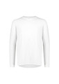 A white long sleeve t-shirt with a round neckline and a logo on the chest area.