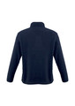 A navy polar fleece jacket with a high collar and long sleeves, featuring a logo.
