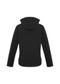 A black women's soft shell jacket with a hood, featuring a logo on the sleeve.