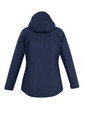 A navy blue women's jacket featuring a hood and a sleek, minimal design. It includes a logo on the back.