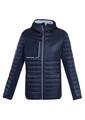 A navy unisex patrol jacket featuring a zip-up front and a chest pocket, with a contrasting grey lining.