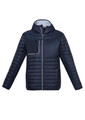 A navy unisex patrol jacket featuring a zip front, hood, and a pocket on the chest. Includes a logo on the jacket.