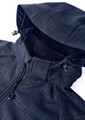 A women's soft shell jacket in navy blue with a geometric pattern and a hood, featuring a logo.