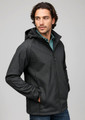 A black soft shell jacket with a hood, featuring a zip front and side pockets, worn by a male model.