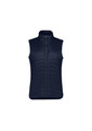A navy womens expedition vest with a zip front and a high collar, featuring a quilted design and no sleeves.