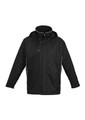 A black unisex jacket with a hood, featuring a zippered front and side detailing, accompanied by a logo.