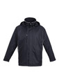 A black unisex jacket featuring a hood and light reflective detailing, with a logo on the front.