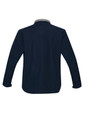A navy soft shell jacket featuring a light grey collar, with long sleeves and a back view. It has a logo.