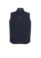 A men's vest in navy featuring a zip front, high collar, and zippered side pockets. It has a branding logo.