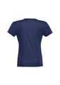A navy blue women's chic top with short sleeves and a simple design. It has a logo on the back.