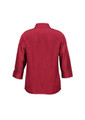 A red women's 3/4 sleeve shirt with a collar and a back view design. It features a logo on the fabric.
