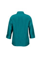 A teal women's 3/4 sleeve shirt with a collar and buttoned cuffs, featuring a logo on the back.