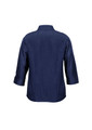 A navy women's 3/4 sleeve shirt with a collar and a logo on the back.