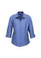 A blue women's 3/4 sleeve shirt with a collar and button-up front. It features a logo on the label.
