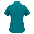 A teal short sleeve button-up shirt with a fitted silhouette and a collar. It features branding on the back.