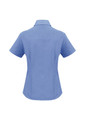 A short-sleeve blue button-up shirt with a fitted design, featuring a collar and a logo.