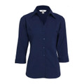 A women's button-up shirt in navy blue with 3/4 sleeves and a collar, featuring a logo on the label.