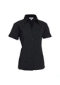 A black short sleeve button-up shirt with a collared neck and a logo on the design.