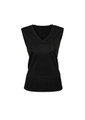 A black women's vest with a V-neckline and sleeveless design, featuring a ribbed hem.