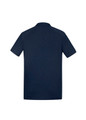 A navy short sleeve polo shirt with a back view, featuring a simple design and a logo.