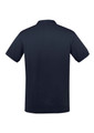 A dark navy men's short sleeve polo shirt with a classic collar and a logo on the side.