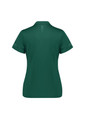 A women's short sleeve polo shirt in dark green, featuring a logo and decorative details on the sleeves.