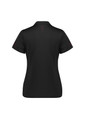 A black women's polo shirt with short sleeves, featuring a subtle logo and details on the back and sleeves.