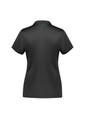 A women's short sleeve polo shirt in black, featuring a branded logo and a sleek design.