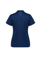 A women's short sleeve polo shirt in navy blue with a subtle logo and dotted design on the shoulders.