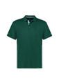 A green short sleeve polo shirt featuring a collar, with a logo and contrasting details on the sides.