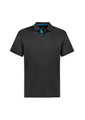 A black short sleeve polo shirt with turquoise accents and a logo on the chest.