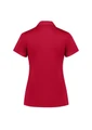 A red women's short sleeve polo shirt featuring a collar and a back view. The shirt includes a logo.
