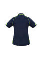 A navy short sleeve polo shirt featuring green detailing and a small logo on the back.