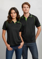 A black short sleeve polo shirt for women with green accents, featuring a logo on the left side.